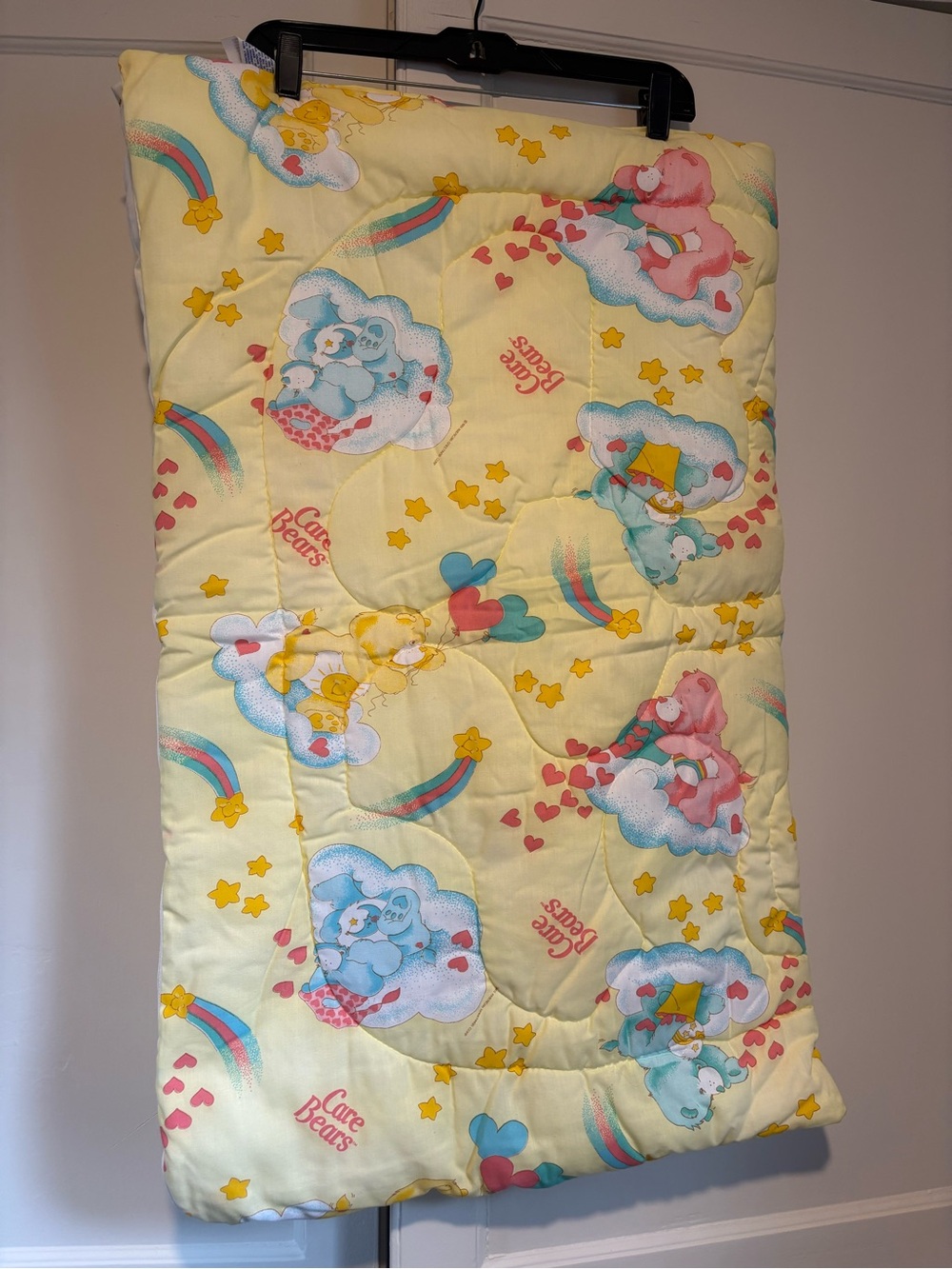 Vintage 80s Care Bears Sleeping Bag Baby Quilt Yellow by The Kendall Company